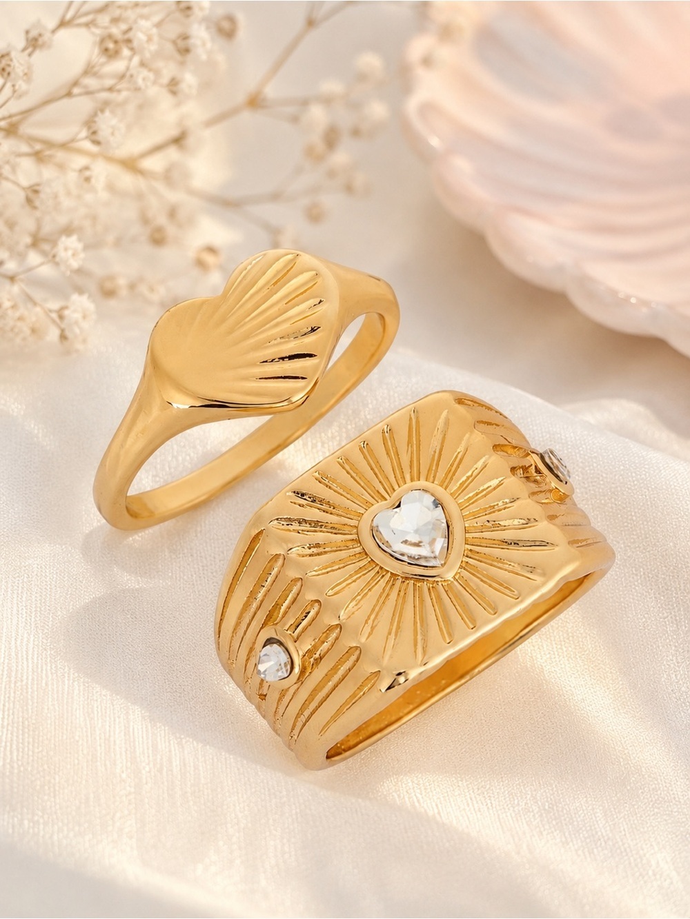 Gold Heart Sunburst Crystal Ring Set of 2